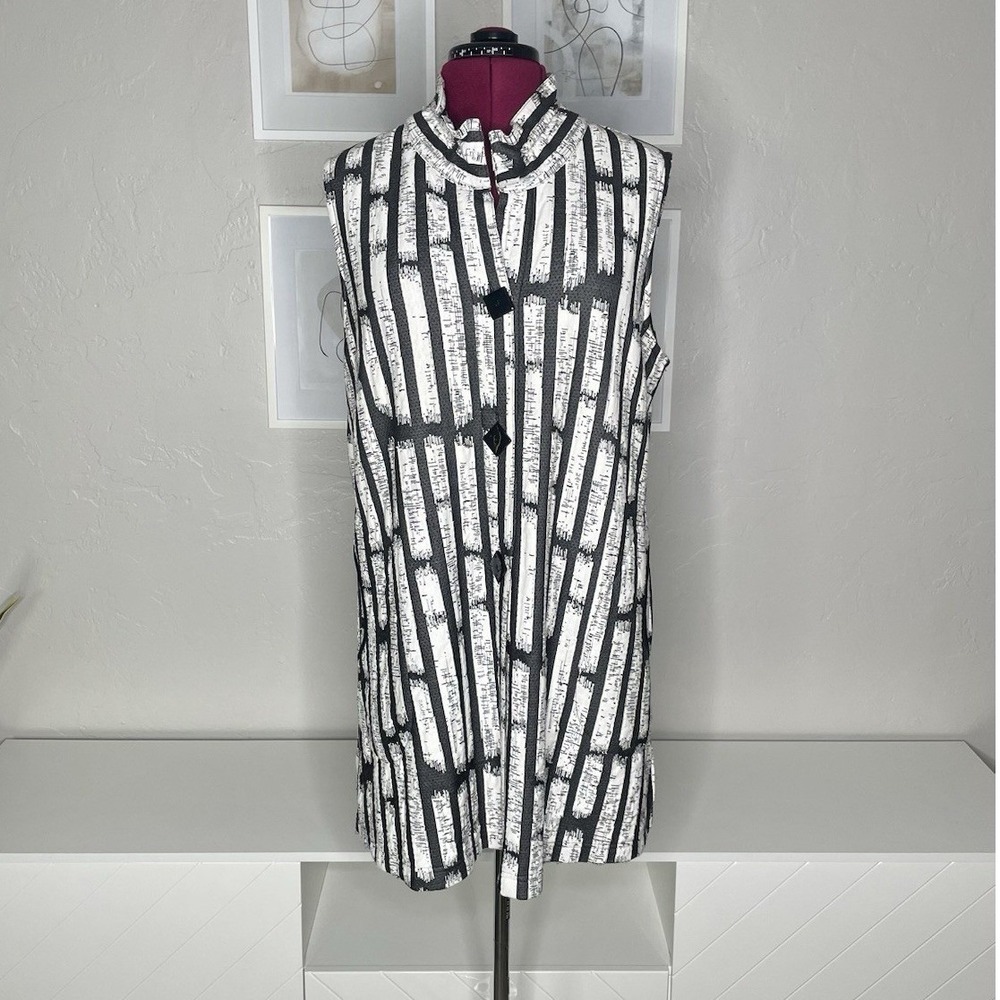 Ali Miles Tunic Vest Womens XL Black White Stripe Mock Neck Button Front Pockets
